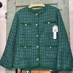 Aqua Green Tweed Blazer Gold Buttons XL
